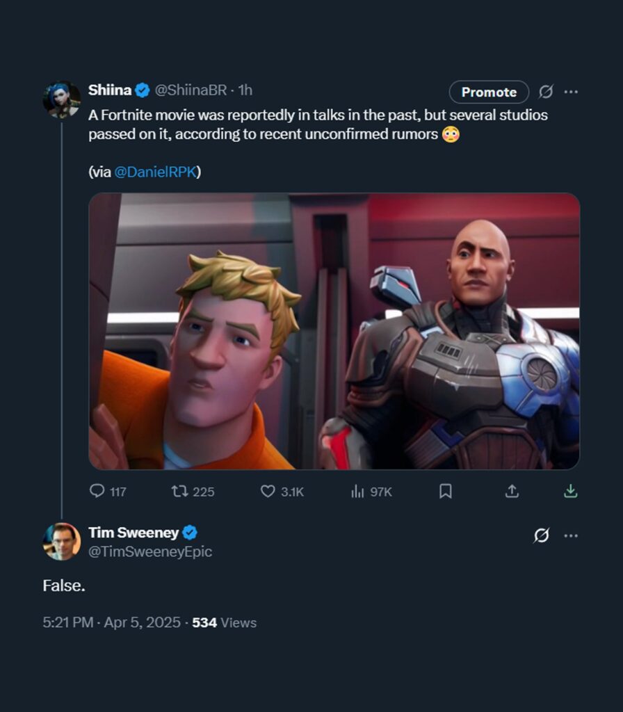 Tim Sweeney and Fortnite characters amid movie rumor buzz