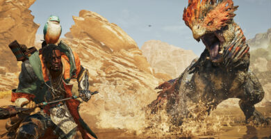 Hunter wearing Amstrigian a baby bird armor in Monster Hunter Wilds