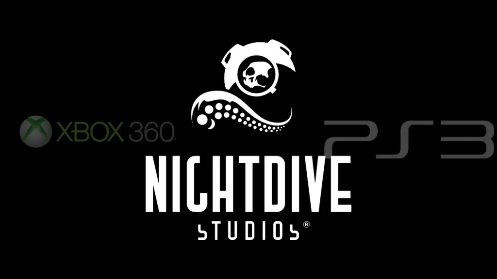 Nightdive Studios logo over a collage of PS3 and Xbox 360 game covers like The Darkness, Quake, and Lost Odyssey