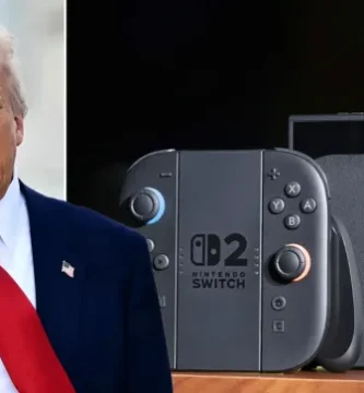Nintendo Switch 2 console surrounded by tariff documents and U.S.–China trade visuals