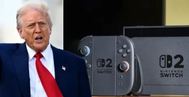 Nintendo Switch 2 console surrounded by tariff documents and U.S.–China trade visuals