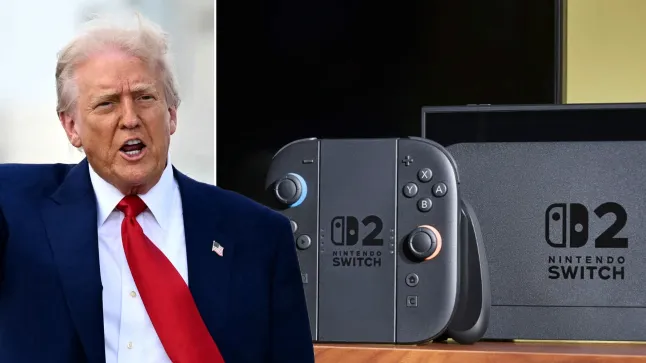 Nintendo Switch 2 console surrounded by tariff documents and U.S.–China trade visuals