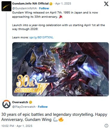Overwatch 2 official X account teases potential Gundam collaboration following Gundam Wing anniversary post.