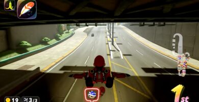 Mario Kart World character using Feather to dodge a Blue Shell mid-race