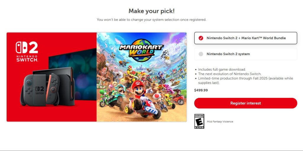 Nintendo Switch 2 pre-order screen showing accessories and eligibility notice