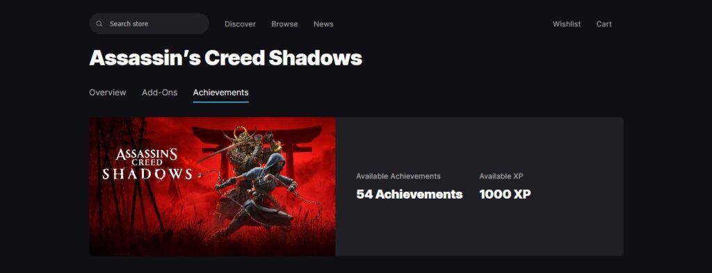 Assassin’s Creed Shadows achievement screen on Epic Games Store