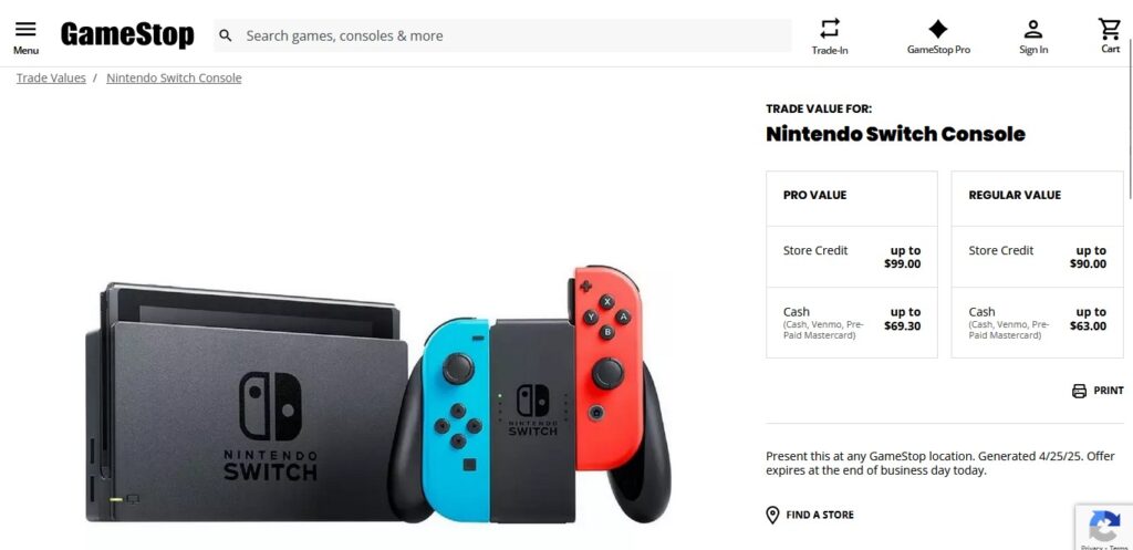 GameStop Nintendo Switch 2 pre-order promotion showing trade-in values for Switch, OLED, and Lite models.