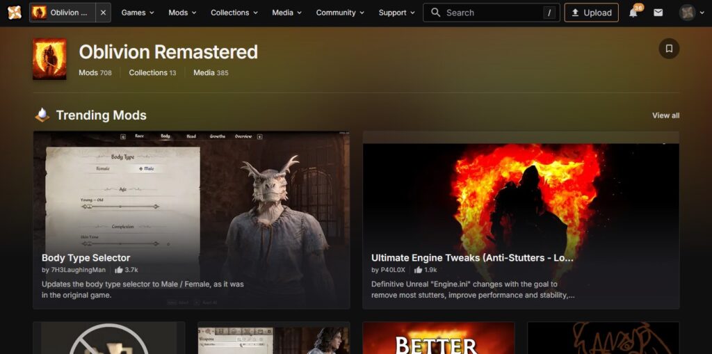 NexusMods page showing over 700 Oblivion Remastered mods available