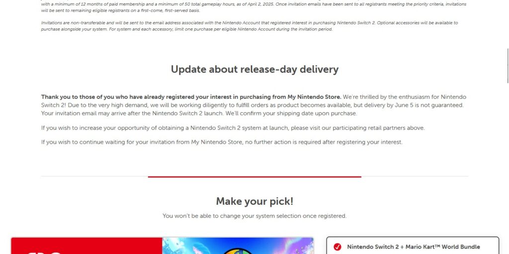 Nintendo Switch 2 pre-order process with warning about potential shipping delays