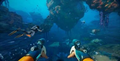 Early concept art of Subnautica 2 showing a futuristic diver exploring a vibrant underwater world