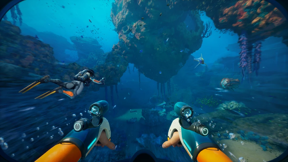 Early concept art of Subnautica 2 showing a futuristic diver exploring a vibrant underwater world