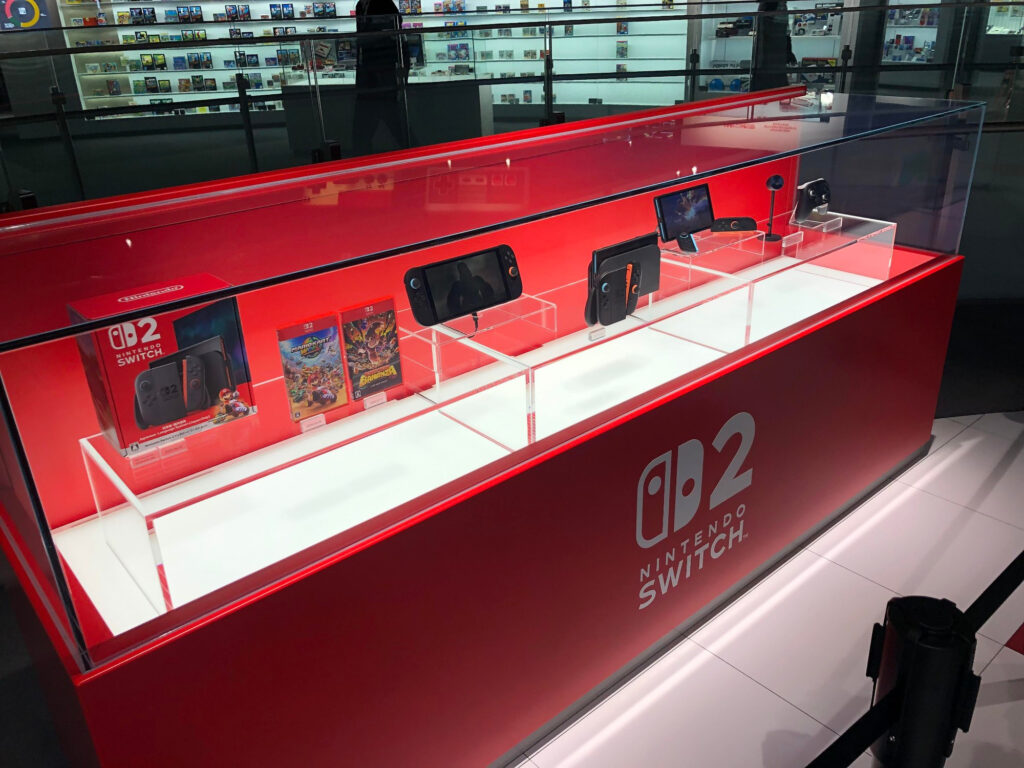 Nintendo Switch 2 display inside Nintendo Museum glass showcase in Kyoto