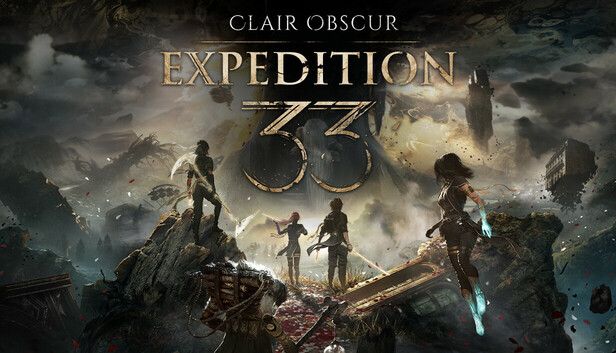 Promotional art of Clair Obscur: Expedition 33 featuring main characters and turn-based battle scene