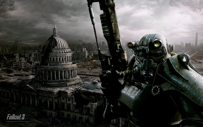 Fallout 3 Vault Dweller aiming a weapon in post-apocalyptic Washington D.C.