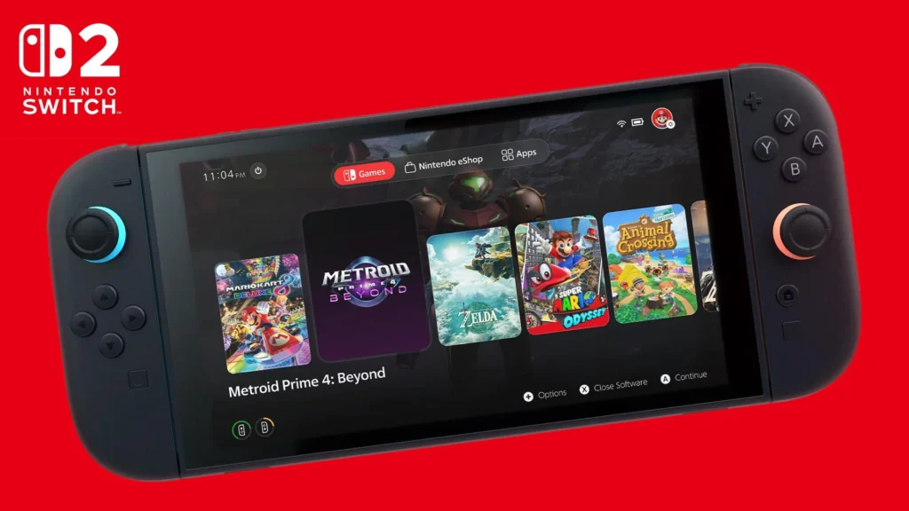 Nintendo Switch 2 console with game displayed on screen.