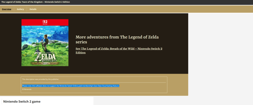 Nintendo Switch 2 Zelda games cloud save not supported notice