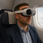 Airline passenger wearing Meta Quest 3 headset enjoying VR experience mid-flight.