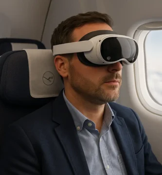 Airline passenger wearing Meta Quest 3 headset enjoying VR experience mid-flight.