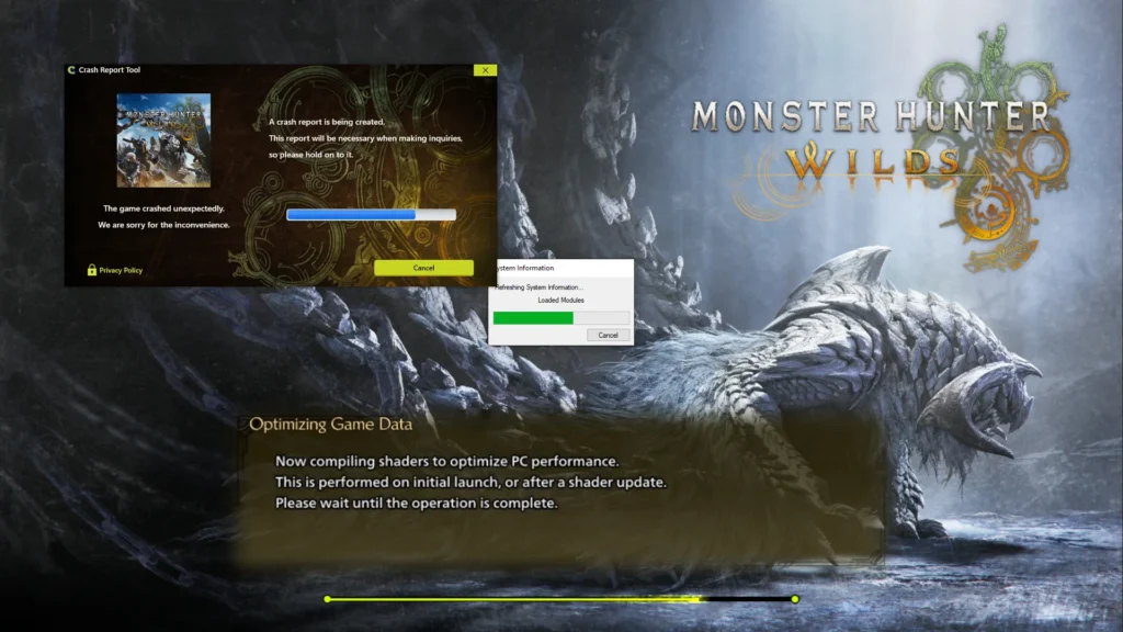 Monster Hunter Wilds gameplay with warning icons highlighting crash and connection issues