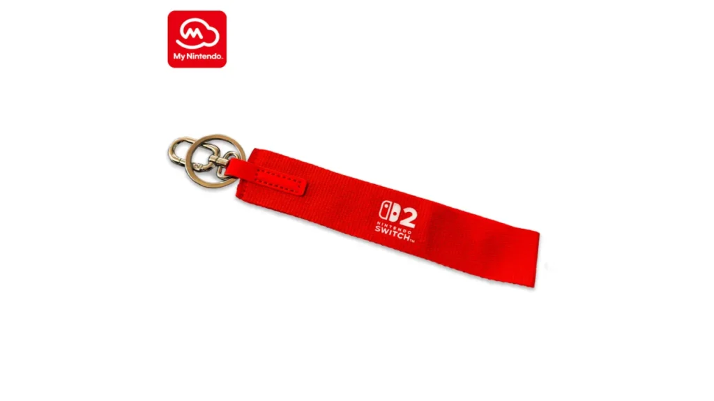 Red Nintendo Switch 2 wristlet keychain with logo, available through My Nintendo reward program