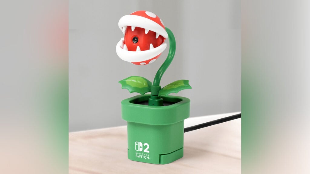 Piranha Plant camera accessory for Nintendo Switch 2, red and white head closed for privacy mode