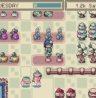 Monsterpatch gameplay showing colorful farming scenes and MoN creatures in battle with pixel-art graphics