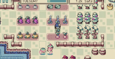Monsterpatch gameplay showing colorful farming scenes and MoN creatures in battle with pixel-art graphics