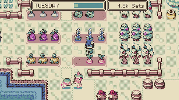 Monsterpatch gameplay showing colorful farming scenes and MoN creatures in battle with pixel-art graphics
