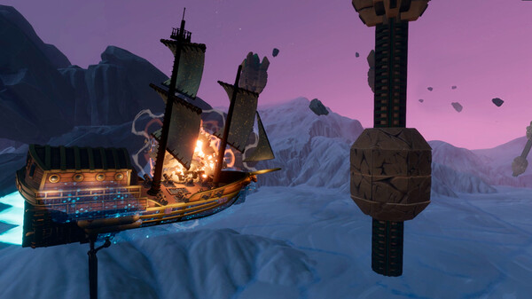 Void Sails gameplay showing a flying pirate ship navigating a cosmic nebula with a Treasure Planet-style art design