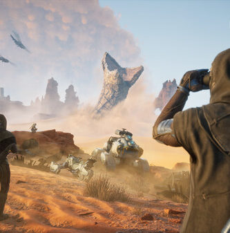 Dune Awakening game desert environment with character in stillsuit