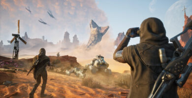 Dune Awakening game desert environment with character in stillsuit