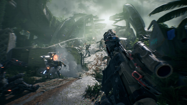 La Quimera gameplay screenshot showing intense sci-fi FPS action