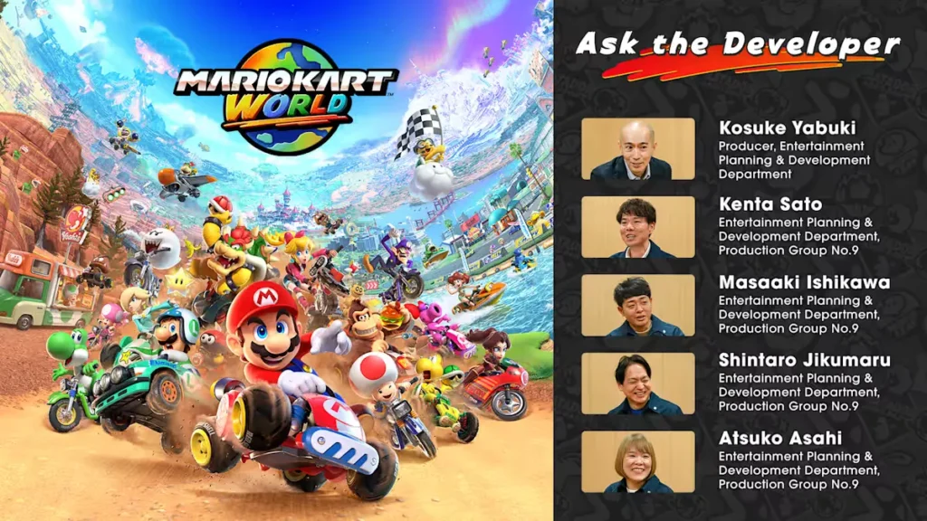 Screenshot of Mario Kart World gameplay showing open-world racing and new characters on Nintendo Switch 2