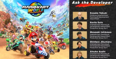 Screenshot of Mario Kart World gameplay showing open-world racing and new characters on Nintendo Switch 2