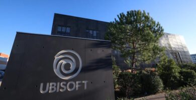 Ubisoft logo on building exterior with financial report overlay – FY 2025 results