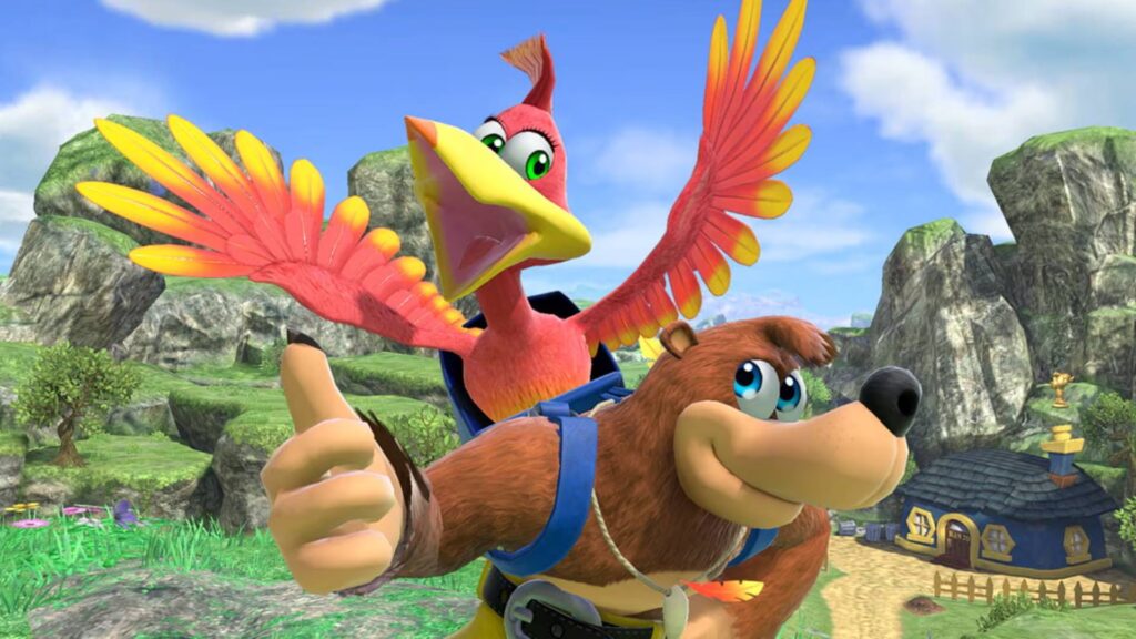 Grant Kirkhope speaking at a video game panel with Banjo-Kazooie artwork in the background