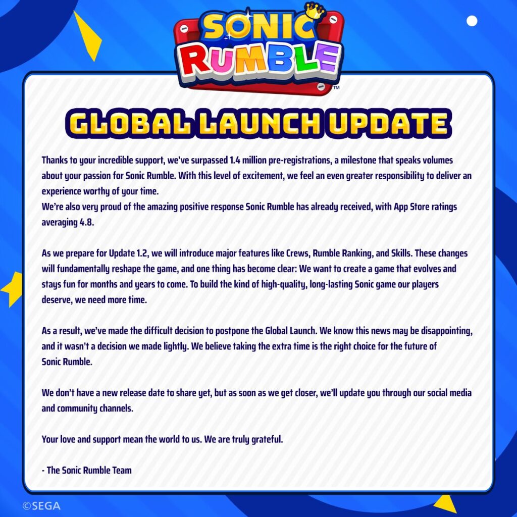 Official Sonic Rumble Global Launch Update message from SEGA announcing the release delay