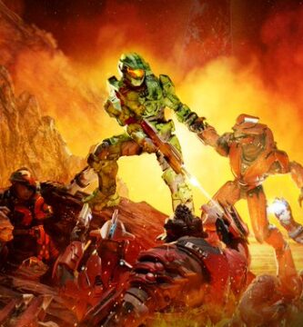 Master Chief battling demons in Doom-style artwork by Halo