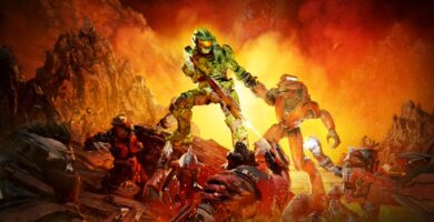 Master Chief battling demons in Doom-style artwork by Halo