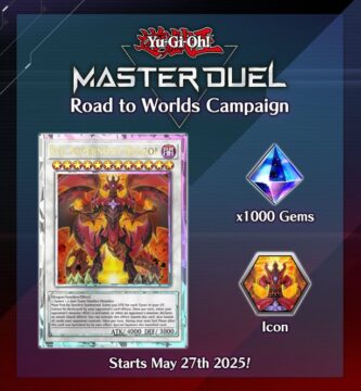 Yu-Gi-Oh Master Duel login rewards screen featuring Royal Finish Red Supernova Dragon card and Gems