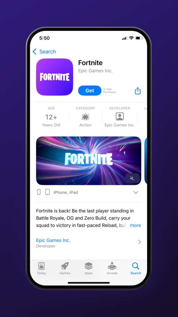 Fortnite Star Wars characters on iPhone screen with App Store icon