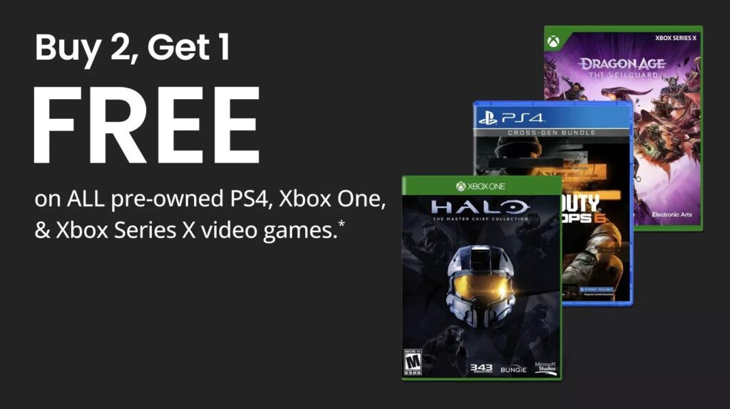 Gamers shopping at GameStop during Buy 2 Get 1 Free sale on used PS4 and Xbox games
