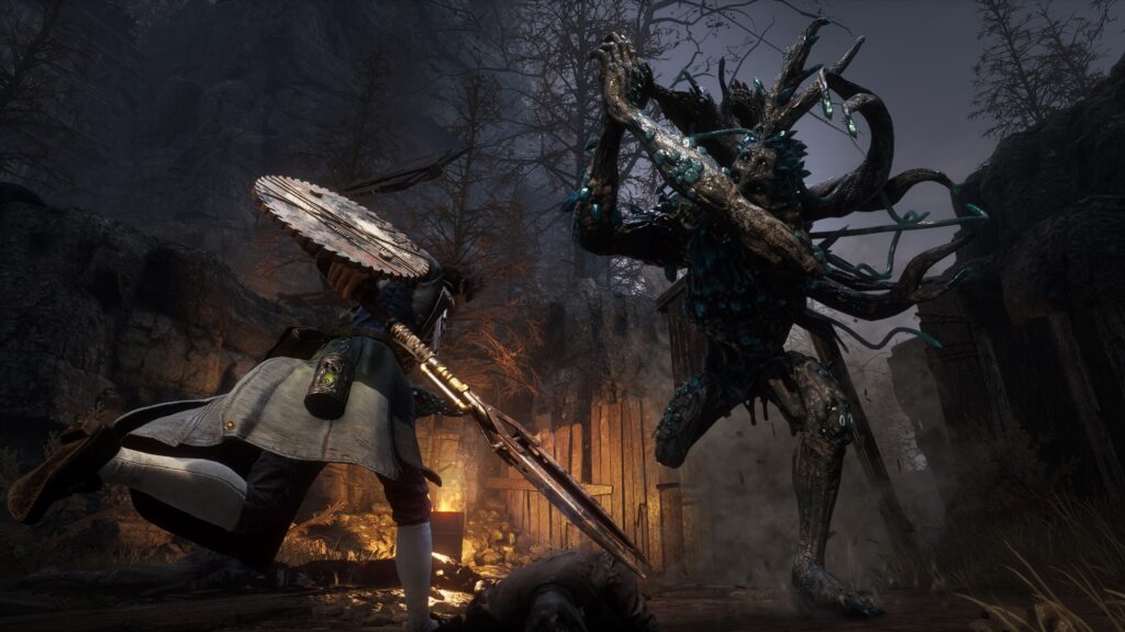 Lies of P gameplay showing boss battle and difficulty selection screen