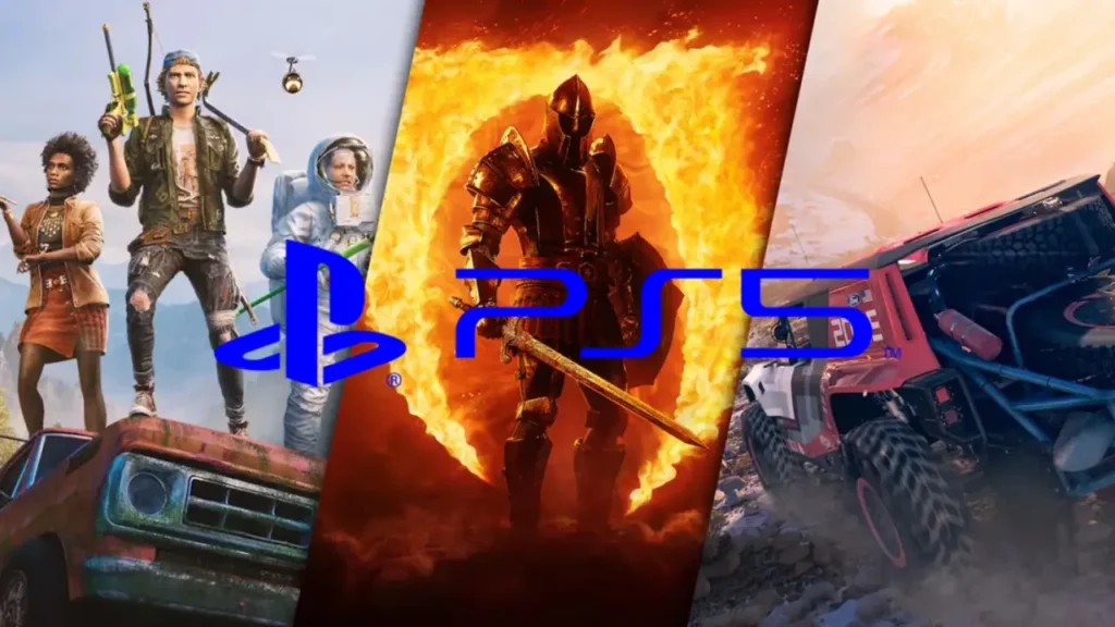 PlayStation 5 console surrounded by Xbox game covers like Forza Horizon 5 and Oblivion Remastered