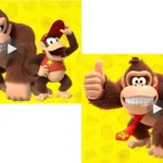 Side-by-side comparison of Diddy Kong’s old and updated models showing design changes to shirt, teeth, and body shape