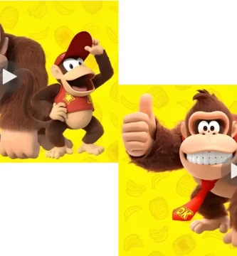 Side-by-side comparison of Diddy Kong’s old and updated models showing design changes to shirt, teeth, and body shape