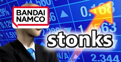 Bandai Namco logo with dramatic upward trend chart