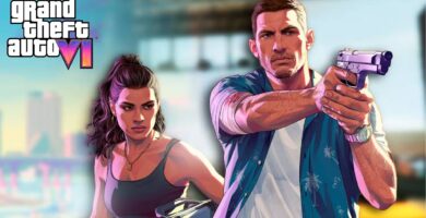 GTA 6 logo with 2026 release delay announcement and characters Jason and Lucia