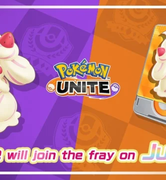 Alcremie, the Fairy-type Pokémon, twirling on a strawberry cake, coming to Pokémon UNITE on June 12.