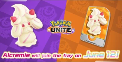 Alcremie, the Fairy-type Pokémon, twirling on a strawberry cake, coming to Pokémon UNITE on June 12.